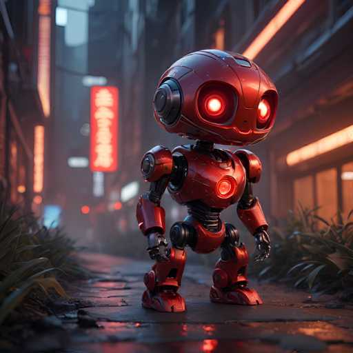 UHD, 8K, ultra detailed, a cinematic photograph of A coy chibi robot with a seductive red glow emanating from its eyes and chest, its curves designed to mimic the human form. Its metal body is covered in intricate patterns that seem to shift and change as it moves. A trail of sparks follows it like a train, leaving a glowing imprint on the ground. In the style of Syd Mead., beautiful lighting, great composition-ugly, deformed, noisy, blurrySteps: 8, Sampler: DPM++ SDE Karras, Guidance Scale: 1.8, Seed: 3656481832, Size: 1024x1024, Model: jibmixrealisticxl_v10_lightning_f16.ckpt, Strength: 1.0, Seed Mode: Scale Alike, Upscaler: realesrgan_x2plus_f16.ckpt, Target Size: 1024x1024, Crop: (0, 0), Original Size: 1024x1024, Negative Original Size: 512x512, Aesthetic Score: 6.0, Negative Aesthetic Score: 2.5, Zero Negative Prompt: false