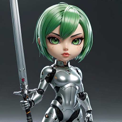 UHD, 8K, ultra detailed A chibi woman with short, bobbed green hair and piercing cybernetic eyes. She wears a sleek silver jumpsuit that reveals her toned muscles and cybernetic enhancements. Her lips are curled into a determined expression as she holds a large cybernetic sword. In the style of Shueisha., beautiful lighting, great composition-ugly, noisy, blurrySteps: 10, Sampler: DPM++ SDE Karras, Guidance Scale: 2.0, Seed: 1920582622, Size: 1024x1024, Model: juggernaut_xl_v9_lightning_f16.ckpt, Strength: 1.0, Seed Mode: Scale Alike, Upscaler: realesrgan_x2plus_f16.ckpt, Target Size: 1024x1024, Crop: (0, 0), Original Size: 1024x1024, Negative Original Size: 512x512, Aesthetic Score: 6.0, Negative Aesthetic Score: 2.5, Zero Negative Prompt: false