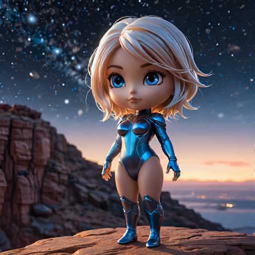 UHD, 8K, ultra detailed, a cinematic photograph of A seductive chibi woman with delicate features, dressed in a revealing, form-fitting catsuit. Her hair is made of silken threads that shimmer like the night sky. She stands on the edge of a cliff overlooking a vast, starry expanse, her eyes locked onto a mysterious spaceship that approaches from the distance. In the style of Moebius., beautiful lighting, great composition-ugly, deformed, noisy, blurrySteps: 8, Sampler: DPM++ SDE Karras, Guidance Scale: 1.8, Seed: 767702319, Size: 1024x1024, Model: wildcardxxllightning_wildcardxxl_f16.ckpt, Strength: 1.0, Seed Mode: Scale Alike, Upscaler: realesrgan_x2plus_f16.ckpt, Target Size: 1024x1024, Crop: (0, 0), Original Size: 1024x1024, Negative Original Size: 512x512, Aesthetic Score: 6.0, Negative Aesthetic Score: 2.5, Zero Negative Prompt: false