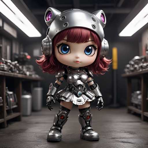 UHD, 8K, ultra detailed, a cinematic photograph of A chibi robot character with large, expressive eyes and a mischievous grin, wearing a mini skirt and fishnet stockings. She holds a wrench in one hand and a spark plug in the other, her metallic body gleaming in the light as she gives the viewer a playful wink. In the style of Shungicu Uchida., beautiful lighting, great composition-ugly, deformed, noisy, blurrySteps: 8, Sampler: DPM++ SDE Karras, Guidance Scale: 1.8, Seed: 296526356, Size: 1024x1024, Model: fenrisxl_sdxl_lightning_f16.ckpt, Strength: 1.0, Seed Mode: Scale Alike, Upscaler: realesrgan_x2plus_f16.ckpt, Target Size: 1024x1024, Crop: (0, 0), Original Size: 1024x1024, Negative Original Size: 512x512, Aesthetic Score: 6.0, Negative Aesthetic Score: 2.5, Zero Negative Prompt: false