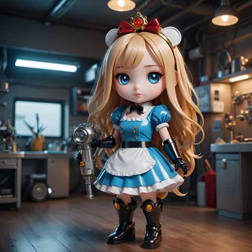 UHD, 8K, ultra detailed, a cinematic photograph of A seductive chibi robot maid with long, flowing golden hair and piercing blue eyes. Her body is sleek and curvaceous, and she wears a short, frilly apron and a red bow on her head. She holds a vacuum cleaner that seems to emit a soft, comforting glow. in the style of Retro-futurism., beautiful lighting, great composition-ugly, deformed, noisy, blurrySteps: 8, Sampler: DPM++ SDE Karras, Guidance Scale: 1.8, Seed: 260038683, Size: 1024x1024, Model: dreamshaperxl_v21_turbo_f16.ckpt, Strength: 1.0, Seed Mode: Scale Alike, Upscaler: realesrgan_x2plus_f16.ckpt, Target Size: 1024x1024, Crop: (0, 0), Original Size: 1024x1024, Negative Original Size: 512x512, Aesthetic Score: 6.0, Negative Aesthetic Score: 2.5, Zero Negative Prompt: false