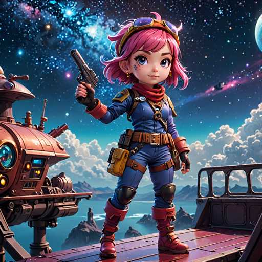 UHD, 8K, ultra detailed, a cinematic photograph of A mischievous chibi space pirate girl, wearing a bandana and a colorful jumpsuit, stands on the bridge of her spaceship. She's holding a blaster in one hand and a bottle of rum in the other, with a wicked grin on her face. The background shows a vast expanse of deep space filled with swirling nebulae and distant stars. In the style of Moebius., beautiful lighting, great composition-ugly, deformed, noisy, blurrySteps: 8, Sampler: DPM++ SDE Karras, Guidance Scale: 1.8, Seed: 3141173536, Size: 1024x1024, Model: dreamshaperxl_lightning_f16.ckpt, Strength: 1.0, Seed Mode: Scale Alike, Upscaler: realesrgan_x2plus_f16.ckpt, Target Size: 1024x1024, Crop: (0, 0), Original Size: 1024x1024, Negative Original Size: 512x512, Aesthetic Score: 6.0, Negative Aesthetic Score: 2.5, Zero Negative Prompt: false