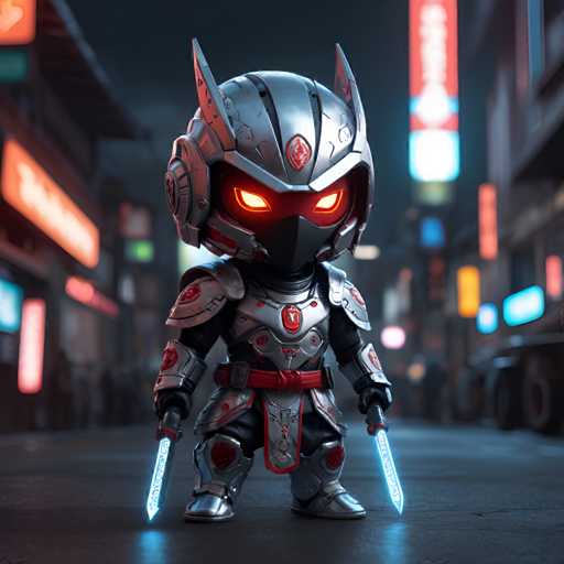 UHD, 8K, ultra detailed, a cinematic photograph of A chibi cyberpunk cyborg samurai, his sleek silver armor covered in intricate circuitry and holographic emblems. He carries a long katana sheathed in energy-infused plasma, its blade glowing with a fiery red edge. His short black hair is tied up in a topknot, his eyes hidden behind reflective visor lenses. He wears a traditional samurai helmet adorned with LED lights and solar panels, which project holographic images of ancient battle scenes onto the ground before him. In the style of Shirow Masamune., beautiful lighting, great composition-ugly, deformed, noisy, blurrySteps: 8, Sampler: DPM++ SDE Karras, Guidance Scale: 1.8, Seed: 1323024202, Size: 1024x1024, Model: jibmixrealisticxl_v10_lightning_f16.ckpt, Strength: 1.0, Seed Mode: Scale Alike, Upscaler: realesrgan_x2plus_f16.ckpt, Target Size: 1024x1024, Crop: (0, 0), Original Size: 1024x1024, Negative Original Size: 512x512, Aesthetic Score: 6.0, Negative Aesthetic Score: 2.5, Zero Negative Prompt: false