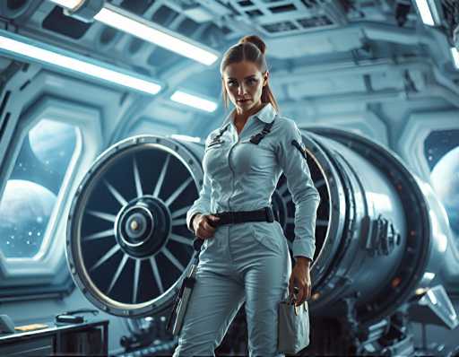 a stunning woman space engineer standing on a raised platform near the engines of an intergalactic shuttle ship wearing a sleek white coverall covered with various tool kits at her waist, inspecting engine components as if searching for potential defects. Soft blue light from fluorescent tubes above creates an ethereal ambiance over her features while dramatic backlight makes stars and planets visible in space outside windows surrounding them, making the setting even more celestial. Her gaze is intense as she scrutinizes every detail on engine parts, showcasing dedication to precision engineering-driven cinematic.Steps: 3, Sampler: DPM++ 2M AYS, Guidance Scale: 1.0, Seed: 1546634224, Size: 1152x896, Model: flux_1_schnell_q5p.ckpt, Strength: 1.0, Seed Mode: Scale Alike, Upscaler: realesrgan_x2plus_f16.ckpt