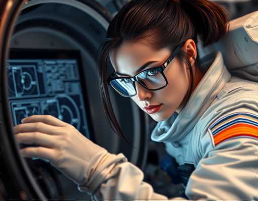 an seductive trained astronaut engineer with long dark brown hair pulled back into a tight ponytail and piercing green eyes shining behind thick-framed glasses, dressed in a pristine white jumpsuit, intently focused on calibrating the navigation system of a shuttle engine. A large screen displays schematics and data for reference.Steps: 3, Sampler: DPM++ 2M AYS, Guidance Scale: 1.0, Seed: 3037518781, Size: 1152x896, Model: flux_1_schnell_q5p.ckpt, Strength: 1.0, Seed Mode: Scale Alike, Upscaler: realesrgan_x2plus_f16.ckpt