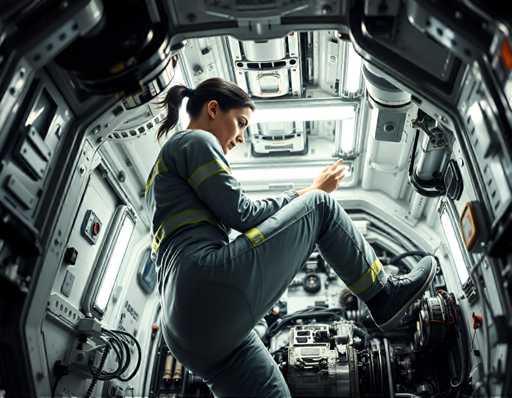 a resourceful and agile space engineer woman with short black hair tied back in a ponytail, wearing a sleek gray jumpsuit covered in reflective strips for visibility, climbing into the engine compartment of a shuttle ship to perform repairs amidst bright fluorescent lights and humming machinery.Steps: 3, Sampler: DPM++ 2M AYS, Guidance Scale: 1.0, Seed: 560945967, Size: 1152x896, Model: flux_1_schnell_q5p.ckpt, Strength: 1.0, Seed Mode: Scale Alike, Upscaler: realesrgan_x2plus_f16.ckpt