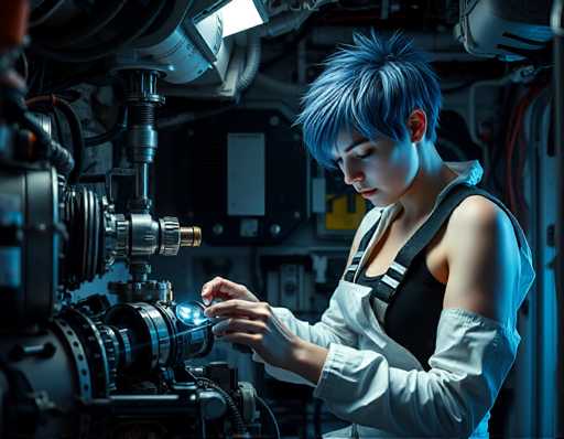 a talented woman space engineer working on a critical repair to a malfunctioning propulsion system in a cramped but well-organized workshop on board the orbital station. She wears a black tank top under her white jumpsuit and has short spiky hair with blue highlights, intensely focused as she works. High contrast lighting, sharp focus, hyper-realistic texturesSteps: 3, Sampler: DPM++ 2M AYS, Guidance Scale: 1.0, Seed: 1514388582, Size: 1152x896, Model: flux_1_schnell_q5p.ckpt, Strength: 1.0, Seed Mode: Scale Alike, Upscaler: realesrgan_x2plus_f16.ckpt