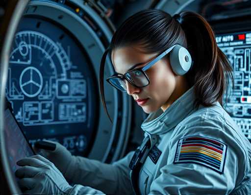 an seductive trained astronaut engineer with long dark brown hair pulled back into a tight ponytail and piercing green eyes shining behind thick-framed glasses, dressed in a pristine white jumpsuit, intently focused on calibrating the navigation system of a shuttle engine. A large screen displays schematics and data for reference.Steps: 3, Sampler: DPM++ 2M AYS, Guidance Scale: 1.0, Seed: 419038132, Size: 1152x896, Model: flux_1_schnell_q5p.ckpt, Strength: 1.0, Seed Mode: Scale Alike, Upscaler: realesrgan_x2plus_f16.ckpt