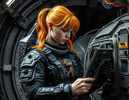 a fearless and adventurous space engineer with bright orange hair tied back in pigtails, wearing an imposing black spacesuit covered in armor plating adorned with tools attached to strategic locations for quick access during repairs. Strong lighting emphasizes dramatic shadows on their face as they examine a damaged control panel while standing amidst the machinery of the shuttle engine.Steps: 3, Sampler: DPM++ 2M AYS, Guidance Scale: 1.0, Seed: 1952167070, Size: 1152x896, Model: flux_1_schnell_q5p.ckpt, Strength: 1.0, Seed Mode: Scale Alike, Upscaler: realesrgan_x2plus_f16.ckpt