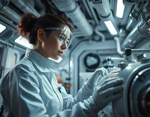 a woman space engineer inspecting an oxygen generator module in a bright and clean maintenance bay of an orbiting habitat, wearing a crisp white uniform and safety glasses perched on her forehead, surrounded by gleaming machinery and the soft hiss of air circulation systems. Cinematic lighting effects, highly-detailed surfaces, photorealisticSteps: 3, Sampler: DPM++ 2M AYS, Guidance Scale: 1.0, Seed: 3162357814, Size: 1152x896, Model: flux_1_schnell_q5p.ckpt, Strength: 1.0, Seed Mode: Scale Alike, Upscaler: realesrgan_x2plus_f16.ckpt