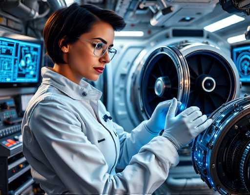 a beautiful and confident woman with short, dark hair and a strong jawline, wearing a sleek white jumpsuit and safety glasses, repairs a shuttle engine in a well-lit space station workshop. The background is filled with metallic tools and equipment, and the walls are lined with computer screens displaying complex schematics and diagnostics. Cool blue lighting highlights her hands as she works, sharp focus, cinematic, hyper-realistic, futuristic engineeringSteps: 3, Sampler: DPM++ 2M AYS, Guidance Scale: 1.0, Seed: 481230553, Size: 1152x896, Model: flux_1_schnell_q5p.ckpt, Strength: 1.0, Seed Mode: Scale Alike, Upscaler: realesrgan_x2plus_f16.ckpt