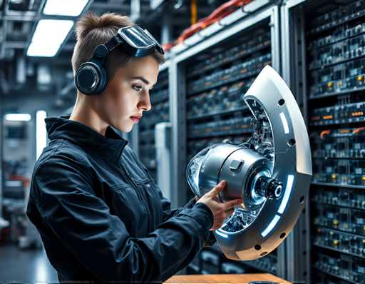 a skilled scifi space engineer with buzzed short hair, sporting safety goggles on her forehead as she stands at workbench meticulously examining a sleek silver spacecraft component held up to intense inspection using high-powered LED lights and precision instruments. Industrial-grade machinery provides background noise from an adjacent room filled with metal racks housing countless circuit boards in rows.Steps: 3, Sampler: DPM++ 2M AYS, Guidance Scale: 1.0, Seed: 1238542806, Size: 1152x896, Model: flux_1_schnell_q5p.ckpt, Strength: 1.0, Seed Mode: Scale Alike, Upscaler: realesrgan_x2plus_f16.ckpt