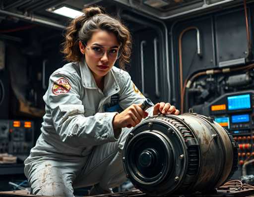 a space engineer woman with a rugged and confident expression, wearing a white jumpsuit covered in grease stains and tool marks, crouched next to a shuttle engine on a cluttered workshop table in a dimly lit space station. Harsh overhead lighting casts deep shadows under her eyes and accentuates the grime on her face. Her curly brown hair is tied back in a ponytail with a few stray strands framing her determined expression. A pair of safety glasses perched on the end of her nose, she's focused intently on tightening a bolt with a wrench. The space station's steel walls loom behind her, punctuated by rows of blinking console lights and humming machinery.Steps: 3, Sampler: DPM++ 2M AYS, Guidance Scale: 1.0, Seed: 2324110137, Size: 1152x896, Model: flux_1_schnell_q5p.ckpt, Strength: 1.0, Seed Mode: Scale Alike, Upscaler: realesrgan_x2plus_f16.ckpt