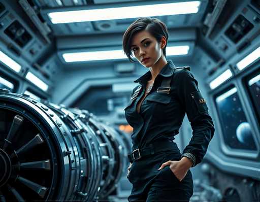 a stunning and confident space engineer woman with short, dark hair and a silver necklace in the shape of a star map, wearing a sleek black jumpsuit adorned with tool belts and pockets filled with wrenches, standing on a raised platform inspecting the engines of a shuttle ship. Soft, blue-white lighting from fluorescent tubes above casts an ethereal glow over her features. High-contrast shadows accentuate the curves of her body as she leans forward to examine the engine's innards. A dramatic backdrop of stars and planets outside the windows creates a sense of vastness and wonder. Cinematic, sharp focus, hyper-realistic, space-age engineering aestheticSteps: 3, Sampler: DPM++ 2M AYS, Guidance Scale: 1.0, Seed: 566429901, Size: 1152x896, Model: flux_1_schnell_q5p.ckpt, Strength: 1.0, Seed Mode: Scale Alike, Upscaler: realesrgan_x2plus_f16.ckpt