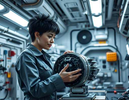 a brilliant engineer woman with short spiky black hair and silver-tipped earrings, standing at a workbench examining the intricacies of a shuttle engine's fuel injectors under bright fluorescent lighting in a high-tech laboratory setting within an orbiting space station. The room hums softly as she works.Steps: 3, Sampler: DPM++ 2M AYS, Guidance Scale: 1.0, Seed: 3446634523, Size: 1152x896, Model: flux_1_schnell_q5p.ckpt, Strength: 1.0, Seed Mode: Scale Alike, Upscaler: realesrgan_x2plus_f16.ckpt