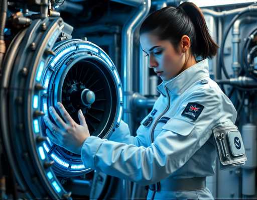 a striking and focused space engineer with short, dark hair tied back in a ponytail, wearing a sleek white jumpsuit adorned with silver tool belts and pockets full of wrenches, intently examining the intricate mechanisms of a shuttle engine's fuel injector system. Soft blue light from LED strips casts an ethereal glow on her face as she works amidst a backdrop of metallic pipes and wires in the space station workshop. Cool blues and whites dominate the color palette, emphasizing clean lines and futuristic technology.Steps: 3, Sampler: DPM++ 2M AYS, Guidance Scale: 1.0, Seed: 3673001362, Size: 1152x896, Model: flux_1_schnell_q5p.ckpt, Strength: 1.0, Seed Mode: Scale Alike, Upscaler: realesrgan_x2plus_f16.ckpt