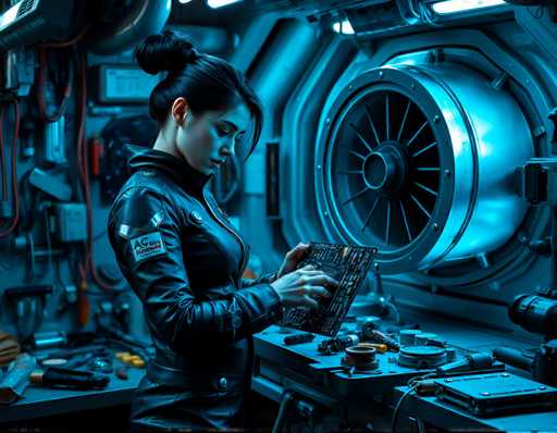 a space engineer woman in a sleek black jumpsuit with metallic accents, standing at a workbench surrounded by tools and spare parts for the shuttle engine she's repairing. Her dark hair is pulled back into a tight bun, revealing a determined look on her face as she examines a complex circuit board. The dimly lit workshop of the space station glows softly around her, casting an eerie blue light over the metallic surfaces.Steps: 3, Sampler: DPM++ 2M AYS, Guidance Scale: 1.0, Seed: 3529322601, Size: 1152x896, Model: flux_1_schnell_q5p.ckpt, Strength: 1.0, Seed Mode: Scale Alike, Upscaler: realesrgan_x2plus_f16.ckpt