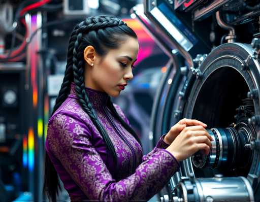 a clever and determined space engineer with long, straight black hair styled using a series of braids down the back of her head, wearing an elegant purple jumpsuit adorned with intricate patterns created from metallic threads. Vibrant colors in the background reflect off polished surfaces as she carefully inspects delicate components within the engine's control system.Steps: 3, Sampler: DPM++ 2M AYS, Guidance Scale: 1.0, Seed: 3934358599, Size: 1152x896, Model: flux_1_schnell_q5p.ckpt, Strength: 1.0, Seed Mode: Scale Alike, Upscaler: realesrgan_x2plus_f16.ckpt