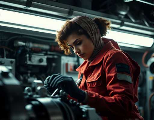 a brilliant and fearless space engineer woman with curly brown hair tied back in a headscarf, wearing a fitted red jumpsuit adorned with pockets for various tools, working under the glow of fluorescent lights to repair an engine module on a shuttle ship. Her face is illuminated by the soft light, highlighting her determination. Soft focus on background machinery, sharp focus on subject's hands and tools, cinematicSteps: 3, Sampler: DPM++ 2M AYS, Guidance Scale: 1.0, Seed: 1836636644, Size: 1152x896, Model: flux_1_schnell_q5p.ckpt, Strength: 1.0, Seed Mode: Scale Alike, Upscaler: realesrgan_x2plus_f16.ckpt