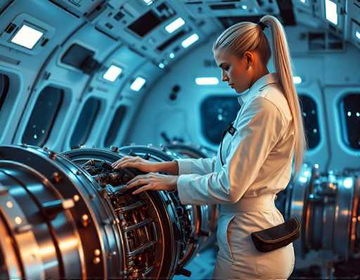 a captivating woman with long, straight silver hair styled back into a sleek ponytail wearing an elegant white coverall covered with various tool kits at the waist carefully inspecting each component on the shuttle ship's engines. An array of soft blue-white lighting from multiple sources creates a serene ambiance amidst metallic surfaces and stars visible in space outside windows surrounding them. Her hands move slowly, meticulously examining intricate parts as if verifying every detail with precision engineering-driven cinematicSteps: 3, Sampler: DPM++ 2M AYS, Guidance Scale: 1.0, Seed: 3346580649, Size: 1152x896, Model: flux_1_schnell_q5p.ckpt, Strength: 1.0, Seed Mode: Scale Alike, Upscaler: realesrgan_x2plus_f16.ckpt