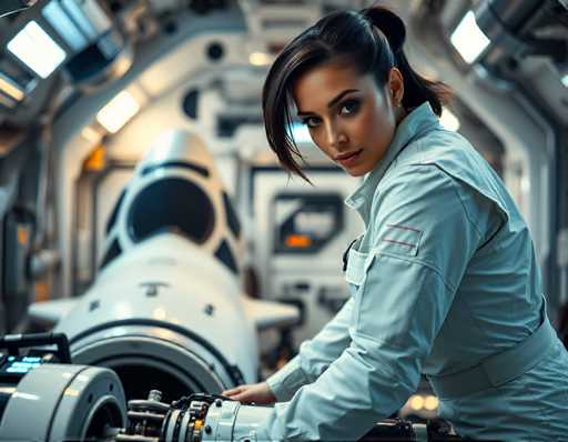 a stunning and confident space engineer woman with short, dark hair tied back in a ponytail, wearing a sleek white jumpsuit covered in tool pockets and reflective strips, bending over to inspect the engines of a shuttle ship in a well-lit space station workshop. The hum of machinery and soft blue lights create a warm ambiance. Close-up shot, high-contrast highlights on her face and tools, sharp focus, hyper-realistic, industrial chicSteps: 3, Sampler: DPM++ 2M AYS, Guidance Scale: 1.0, Seed: 3308341655, Size: 1152x896, Model: flux_1_schnell_q5p.ckpt, Strength: 1.0, Seed Mode: Scale Alike, Upscaler: realesrgan_x2plus_f16.ckpt