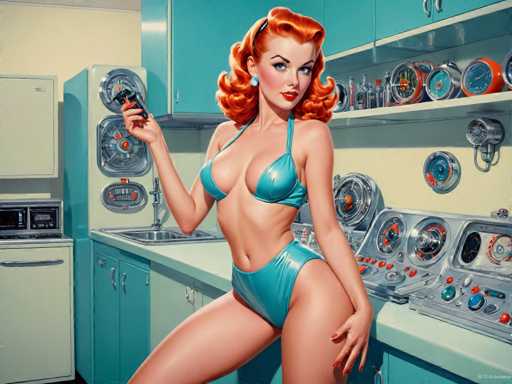 retro-futuristic a pin-up girl by (Olivia De Berardinis) in her kitchen filled with atomic futuristic devices . vintage sci-fi, 50s and 60s style, atomic age, vibrant, highly detailed-contemporary, realistic, rustic, primitiveSteps: 8, Sampler: DPM++ SDE Karras, Guidance Scale: 2.5, Seed: 858060359, Size: 1280x960, Model: mexxldimsdxl_lcm_v10_f16.ckpt, Strength: 1.0, Seed Mode: Scale Alike, Target Size: 1280x960, Crop: (0, 0), Original Size: 1280x960, Negative Original Size: 640x512, Aesthetic Score: 6.0, Negative Aesthetic Score: 2.5, Zero Negative Prompt: false