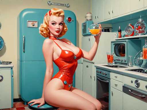 retro-futuristic a pin-up girl by (Olivia De Berardinis) in her kitchen filled with atomic futuristic devices . vintage sci-fi, 50s and 60s style, atomic age, vibrant, highly detailed-contemporary, realistic, rustic, primitiveSteps: 8, Sampler: DPM++ SDE Karras, Guidance Scale: 2.5, Seed: 642486074, Size: 1280x960, Model: mexxldimsdxl_lcm_v10_f16.ckpt, Strength: 1.0, Seed Mode: Scale Alike, Target Size: 1280x960, Crop: (0, 0), Original Size: 1280x960, Negative Original Size: 640x512, Aesthetic Score: 6.0, Negative Aesthetic Score: 2.5, Zero Negative Prompt: false