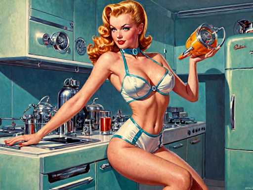 retro-futuristic a pin-up girl by (Olivia De Berardinis) in her kitchen filled with atomic futuristic devices . vintage sci-fi, 50s and 60s style, atomic age, vibrant, highly detailed-contemporary, realistic, rustic, primitiveSteps: 10, Sampler: DPM++ SDE Karras, Guidance Scale: 2.5, Seed: 2805497652, Size: 1280x960, Model: hephaistosnextgenxl_lcm_v20_f16.ckpt, Strength: 1.0, Seed Mode: Scale Alike, Target Size: 1280x960, Crop: (0, 0), Original Size: 1280x960, Negative Original Size: 640x512, Aesthetic Score: 6.0, Negative Aesthetic Score: 2.5, Zero Negative Prompt: false