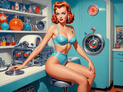 retro-futuristic a pin-up girl by (Olivia De Berardinis) in her kitchen filled with atomic futuristic devices . vintage sci-fi, 50s and 60s style, atomic age, vibrant, highly detailed-contemporary, realistic, rustic, primitiveSteps: 8, Sampler: DPM++ SDE Karras, Guidance Scale: 2.5, Seed: 3445319820, Size: 1280x960, Model: mexxldimsdxl_lcm_v10_f16.ckpt, Strength: 1.0, Seed Mode: Scale Alike, Target Size: 1280x960, Crop: (0, 0), Original Size: 1280x960, Negative Original Size: 640x512, Aesthetic Score: 6.0, Negative Aesthetic Score: 2.5, Zero Negative Prompt: false