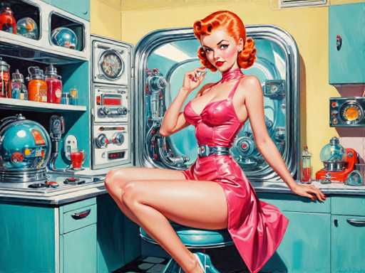 retro-futuristic a pin-up girl by (Olivia De Berardinis) in her kitchen filled with atomic futuristic devices . vintage sci-fi, 50s and 60s style, atomic age, vibrant, highly detailed-contemporary, realistic, rustic, primitiveSteps: 10, Sampler: DPM++ SDE Karras, Guidance Scale: 2.5, Seed: 1791666432, Size: 1280x960, Model: cherrypickerxl_lcm_v02_f16.ckpt, Strength: 1.0, Seed Mode: Scale Alike, Target Size: 1280x960, Crop: (0, 0), Original Size: 1280x960, Negative Original Size: 640x512, Aesthetic Score: 6.0, Negative Aesthetic Score: 2.5, Zero Negative Prompt: false