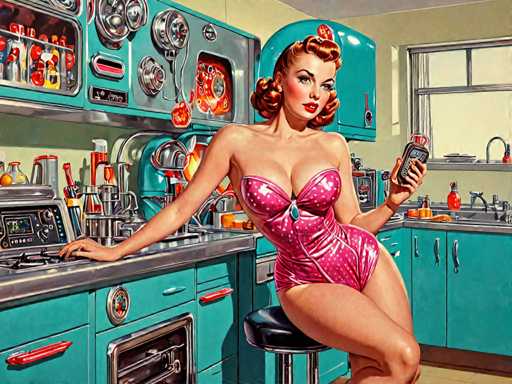 retro-futuristic a pin-up girl by (Olivia De Berardinis) in her kitchen filled with atomic futuristic devices . vintage sci-fi, 50s and 60s style, atomic age, vibrant, highly detailed-contemporary, realistic, rustic, primitiveSteps: 8, Sampler: DPM++ 2M Karras, Guidance Scale: 2.5, Seed: 61148635, Size: 1280x960, Model: dreamshaperxl_turbo_f16.ckpt, Strength: 1.0, Seed Mode: Scale Alike, Target Size: 1280x960, Crop: (0, 0), Original Size: 1280x960, Negative Original Size: 640x512, Aesthetic Score: 6.0, Negative Aesthetic Score: 2.5, Zero Negative Prompt: false