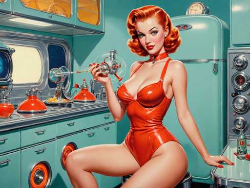 retro-futuristic a pin-up girl by (Olivia De Berardinis) in her kitchen filled with atomic futuristic devices . vintage sci-fi, 50s and 60s style, atomic age, vibrant, highly detailed-contemporary, realistic, rustic, primitiveSteps: 8, Sampler: DPM++ SDE Karras, Guidance Scale: 2.5, Seed: 2887304600, Size: 1280x960, Model: mexxldimsdxl_lcm_v10_f16.ckpt, Strength: 1.0, Seed Mode: Scale Alike, Target Size: 1280x960, Crop: (0, 0), Original Size: 1280x960, Negative Original Size: 640x512, Aesthetic Score: 6.0, Negative Aesthetic Score: 2.5, Zero Negative Prompt: false