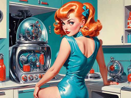 retro-futuristic a pin-up girl by (Olivia De Berardinis) in her kitchen filled with atomic futuristic devices . vintage sci-fi, 50s and 60s style, atomic age, vibrant, highly detailed-contemporary, realistic, rustic, primitiveSteps: 8, Sampler: DPM++ SDE Karras, Guidance Scale: 2.5, Seed: 2406928529, Size: 1280x960, Model: cherrypickerxl_lcm_v02_f16.ckpt, Strength: 1.0, Seed Mode: Scale Alike, Target Size: 1280x960, Crop: (0, 0), Original Size: 1280x960, Negative Original Size: 640x512, Aesthetic Score: 6.0, Negative Aesthetic Score: 2.5, Zero Negative Prompt: false