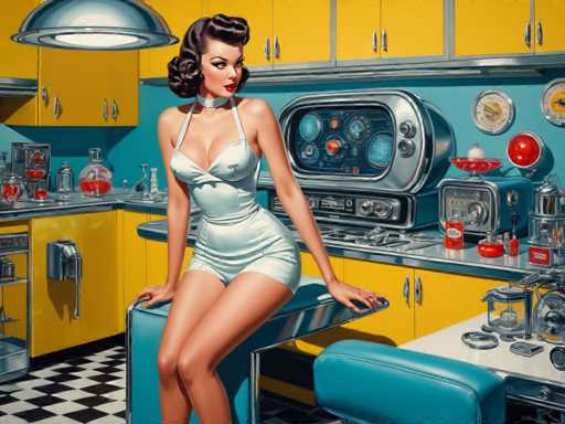 retro-futuristic a pin-up girl by (Olivia De Berardinis) in her kitchen filled with atomic futuristic devices . vintage sci-fi, 50s and 60s style, atomic age, vibrant, highly detailed-contemporary, realistic, rustic, primitiveSteps: 10, Sampler: DPM++ SDE Karras, Guidance Scale: 2.5, Seed: 4188117141, Size: 1280x960, Model: copaxtimelessxl_turbo_v10_f16.ckpt, Strength: 1.0, Seed Mode: Scale Alike, Target Size: 1280x960, Crop: (0, 0), Original Size: 1280x960, Negative Original Size: 640x512, Aesthetic Score: 6.0, Negative Aesthetic Score: 2.5, Zero Negative Prompt: false