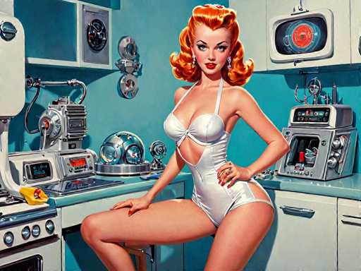 retro-futuristic a pin-up girl by (Olivia De Berardinis) in her kitchen filled with atomic futuristic devices . vintage sci-fi, 50s and 60s style, atomic age, vibrant, highly detailed-contemporary, realistic, rustic, primitiveSteps: 8, Sampler: DPM++ 2M Karras, Guidance Scale: 2.5, Seed: 4023166163, Size: 1280x960, Model: mexxldimsdxl_lcm_v10_f16.ckpt, Strength: 1.0, Seed Mode: Scale Alike, Target Size: 1280x960, Crop: (0, 0), Original Size: 1280x960, Negative Original Size: 640x512, Aesthetic Score: 6.0, Negative Aesthetic Score: 2.5, Zero Negative Prompt: false