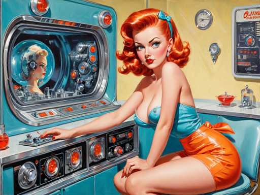 retro-futuristic a pin-up girl by (Olivia De Berardinis) in her kitchen filled with atomic futuristic devices . vintage sci-fi, 50s and 60s style, atomic age, vibrant, highly detailed-contemporary, realistic, rustic, primitiveSteps: 10, Sampler: DPM++ SDE Karras, Guidance Scale: 2.5, Seed: 608364764, Size: 1280x960, Model: cherrypickerxl_lcm_v02_f16.ckpt, Strength: 1.0, Seed Mode: Scale Alike, Target Size: 1280x960, Crop: (0, 0), Original Size: 1280x960, Negative Original Size: 640x512, Aesthetic Score: 6.0, Negative Aesthetic Score: 2.5, Zero Negative Prompt: false