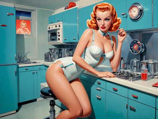 retro-futuristic a pin-up girl by (Olivia De Berardinis) in her kitchen filled with atomic futuristic devices . vintage sci-fi, 50s and 60s style, atomic age, vibrant, highly detailed-contemporary, realistic, rustic, primitiveSteps: 8, Sampler: DPM++ SDE Karras, Guidance Scale: 2.5, Seed: 537108967, Size: 1280x960, Model: mexxldimsdxl_lcm_v10_f16.ckpt, Strength: 1.0, Seed Mode: Scale Alike, Target Size: 1280x960, Crop: (0, 0), Original Size: 1280x960, Negative Original Size: 640x512, Aesthetic Score: 6.0, Negative Aesthetic Score: 2.5, Zero Negative Prompt: false