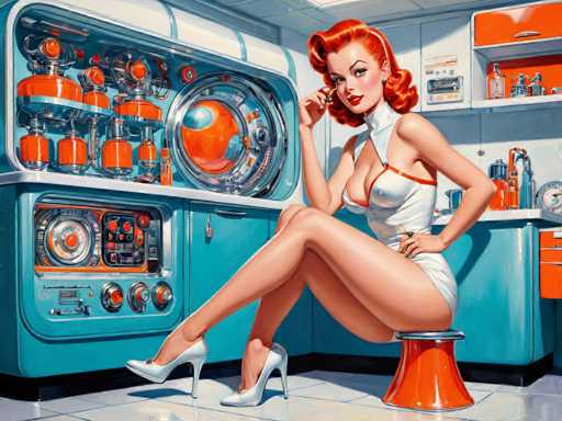 retro-futuristic a pin-up girl by (Olivia De Berardinis) in her kitchen filled with atomic futuristic devices . vintage sci-fi, 50s and 60s style, atomic age, vibrant, highly detailed-contemporary, realistic, rustic, primitiveSteps: 10, Sampler: DPM++ SDE Karras, Guidance Scale: 2.5, Seed: 4054806932, Size: 1280x960, Model: cherrypickerxl_lcm_v02_f16.ckpt, Strength: 1.0, Seed Mode: Scale Alike, Target Size: 1280x960, Crop: (0, 0), Original Size: 1280x960, Negative Original Size: 640x512, Aesthetic Score: 6.0, Negative Aesthetic Score: 2.5, Zero Negative Prompt: false