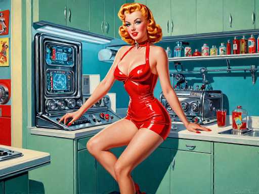 retro-futuristic a pin-up girl by (Olivia De Berardinis) in her kitchen filled with atomic futuristic devices . vintage sci-fi, 50s and 60s style, atomic age, vibrant, highly detailed-contemporary, realistic, rustic, primitiveSteps: 8, Sampler: DPM++ SDE Karras, Guidance Scale: 2.5, Seed: 2851560285, Size: 1280x960, Model: dreamshaperxl_turbo_f16.ckpt, Strength: 1.0, Seed Mode: Scale Alike, Target Size: 1280x960, Crop: (0, 0), Original Size: 1280x960, Negative Original Size: 640x512, Aesthetic Score: 6.0, Negative Aesthetic Score: 2.5, Zero Negative Prompt: false