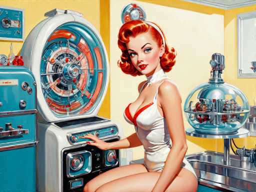 retro-futuristic a pin-up girl by (Olivia De Berardinis) in her kitchen filled with atomic futuristic devices . vintage sci-fi, 50s and 60s style, atomic age, vibrant, highly detailed-contemporary, realistic, rustic, primitiveSteps: 10, Sampler: DPM++ SDE Karras, Guidance Scale: 2.5, Seed: 1191291563, Size: 1280x960, Model: cherrypickerxl_lcm_v02_f16.ckpt, Strength: 1.0, Seed Mode: Scale Alike, Target Size: 1280x960, Crop: (0, 0), Original Size: 1280x960, Negative Original Size: 640x512, Aesthetic Score: 6.0, Negative Aesthetic Score: 2.5, Zero Negative Prompt: false