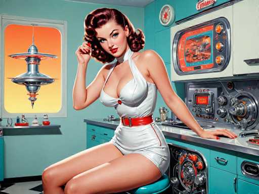 retro-futuristic a pin-up girl by (Olivia De Berardinis) in her kitchen filled with atomic futuristic devices . vintage sci-fi, 50s and 60s style, atomic age, vibrant, highly detailed-contemporary, realistic, rustic, primitiveSteps: 10, Sampler: DPM++ SDE Karras, Guidance Scale: 2.5, Seed: 722225157, Size: 1280x960, Model: mexxldimsdxl_lcm_v10_f16.ckpt, Strength: 1.0, Seed Mode: Scale Alike, Target Size: 1280x960, Crop: (0, 0), Original Size: 1280x960, Negative Original Size: 640x512, Aesthetic Score: 6.0, Negative Aesthetic Score: 2.5, Zero Negative Prompt: false