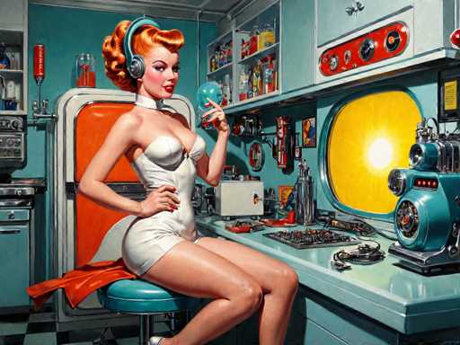 retro-futuristic a pin-up girl by (Olivia De Berardinis) in her kitchen filled with atomic futuristic devices . vintage sci-fi, 50s and 60s style, atomic age, vibrant, highly detailed-contemporary, realistic, rustic, primitiveSteps: 8, Sampler: DPM++ SDE Karras, Guidance Scale: 2.5, Seed: 4007007299, Size: 1280x960, Model: hephaistosnextgenxl_lcm_v20_f16.ckpt, Strength: 1.0, Seed Mode: Scale Alike, Target Size: 1280x960, Crop: (0, 0), Original Size: 1280x960, Negative Original Size: 640x512, Aesthetic Score: 6.0, Negative Aesthetic Score: 2.5, Zero Negative Prompt: false