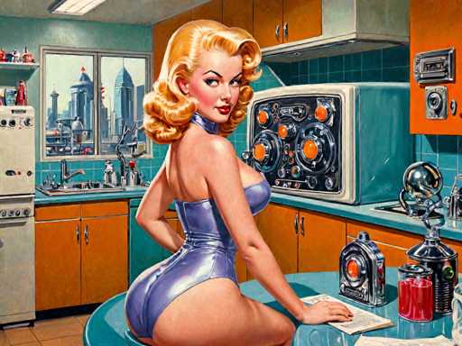 retro-futuristic a pin-up girl by (Olivia De Berardinis) in her kitchen filled with atomic futuristic devices . vintage sci-fi, 50s and 60s style, atomic age, vibrant, highly detailed-contemporary, realistic, rustic, primitiveSteps: 10, Sampler: DPM++ SDE Karras, Guidance Scale: 2.5, Seed: 4198616848, Size: 1280x960, Model: hephaistosnextgenxl_lcm_v20_f16.ckpt, Strength: 1.0, Seed Mode: Scale Alike, Target Size: 1280x960, Crop: (0, 0), Original Size: 1280x960, Negative Original Size: 640x512, Aesthetic Score: 6.0, Negative Aesthetic Score: 2.5, Zero Negative Prompt: false