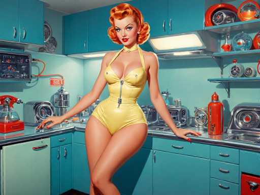 retro-futuristic a pin-up girl by (Olivia De Berardinis) in her kitchen filled with atomic futuristic devices . vintage sci-fi, 50s and 60s style, atomic age, vibrant, highly detailed-contemporary, realistic, rustic, primitiveSteps: 8, Sampler: DPM++ SDE Karras, Guidance Scale: 2.5, Seed: 3020685809, Size: 1280x960, Model: mexxldimsdxl_lcm_v10_f16.ckpt, Strength: 1.0, Seed Mode: Scale Alike, Target Size: 1280x960, Crop: (0, 0), Original Size: 1280x960, Negative Original Size: 640x512, Aesthetic Score: 6.0, Negative Aesthetic Score: 2.5, Zero Negative Prompt: false