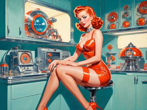 retro-futuristic a pin-up girl by (Olivia De Berardinis) in her kitchen filled with atomic futuristic devices . vintage sci-fi, 50s and 60s style, atomic age, vibrant, highly detailed-contemporary, realistic, rustic, primitiveSteps: 8, Sampler: DPM++ SDE Karras, Guidance Scale: 2.5, Seed: 2840692874, Size: 1280x960, Model: cherrypickerxl_lcm_v02_f16.ckpt, Strength: 1.0, Seed Mode: Scale Alike, Target Size: 1280x960, Crop: (0, 0), Original Size: 1280x960, Negative Original Size: 640x512, Aesthetic Score: 6.0, Negative Aesthetic Score: 2.5, Zero Negative Prompt: false