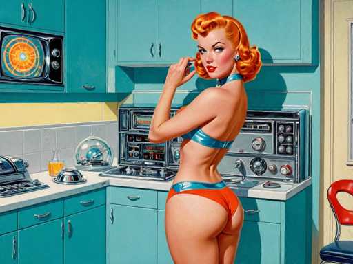 retro-futuristic a pin-up girl by (Olivia De Berardinis) in her kitchen filled with atomic futuristic devices . vintage sci-fi, 50s and 60s style, atomic age, vibrant, highly detailed-contemporary, realistic, rustic, primitiveSteps: 8, Sampler: DPM++ SDE Karras, Guidance Scale: 2.5, Seed: 3685252152, Size: 1280x960, Model: dreamshaperxl_turbo_f16.ckpt, Strength: 1.0, Seed Mode: Scale Alike, Target Size: 1280x960, Crop: (0, 0), Original Size: 1280x960, Negative Original Size: 640x512, Aesthetic Score: 6.0, Negative Aesthetic Score: 2.5, Zero Negative Prompt: false