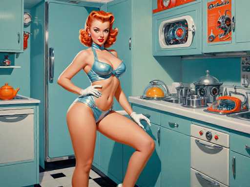 retro-futuristic a pin-up girl by (Olivia De Berardinis) in her kitchen filled with atomic futuristic devices . vintage sci-fi, 50s and 60s style, atomic age, vibrant, highly detailed-contemporary, realistic, rustic, primitiveSteps: 10, Sampler: DPM++ SDE Karras, Guidance Scale: 2.5, Seed: 3641566529, Size: 1280x960, Model: mexxldimsdxl_lcm_v10_f16.ckpt, Strength: 1.0, Seed Mode: Scale Alike, Target Size: 1280x960, Crop: (0, 0), Original Size: 1280x960, Negative Original Size: 640x512, Aesthetic Score: 6.0, Negative Aesthetic Score: 2.5, Zero Negative Prompt: false