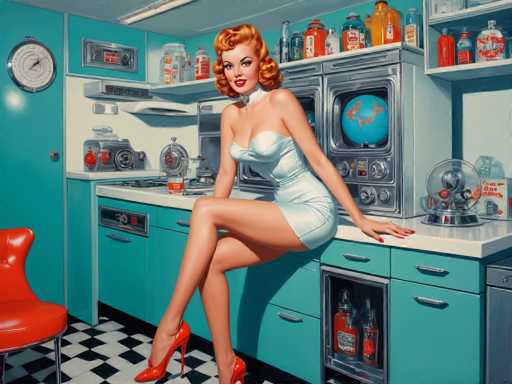 retro-futuristic a pin-up girl by (Olivia De Berardinis) in her kitchen filled with atomic futuristic devices . vintage sci-fi, 50s and 60s style, atomic age, vibrant, highly detailed-contemporary, realistic, rustic, primitiveSteps: 8, Sampler: DPM++ SDE Karras, Guidance Scale: 2.5, Seed: 1123868029, Size: 1280x960, Model: copaxtimelessxl_turbo_v10_f16.ckpt, Strength: 1.0, Seed Mode: Scale Alike, Target Size: 1280x960, Crop: (0, 0), Original Size: 1280x960, Negative Original Size: 640x512, Aesthetic Score: 6.0, Negative Aesthetic Score: 2.5, Zero Negative Prompt: false