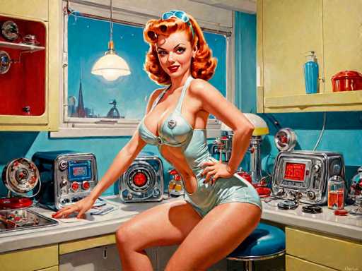 retro-futuristic a pin-up girl by (Olivia De Berardinis) in her kitchen filled with atomic futuristic devices . vintage sci-fi, 50s and 60s style, atomic age, vibrant, highly detailed-contemporary, realistic, rustic, primitiveSteps: 8, Sampler: DPM++ SDE Karras, Guidance Scale: 2.5, Seed: 1691390665, Size: 1280x960, Model: hephaistosnextgenxl_lcm_v20_f16.ckpt, Strength: 1.0, Seed Mode: Scale Alike, Target Size: 1280x960, Crop: (0, 0), Original Size: 1280x960, Negative Original Size: 640x512, Aesthetic Score: 6.0, Negative Aesthetic Score: 2.5, Zero Negative Prompt: false