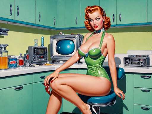 retro-futuristic a pin-up girl by (Olivia De Berardinis) in her kitchen filled with atomic futuristic devices . vintage sci-fi, 50s and 60s style, atomic age, vibrant, highly detailed-contemporary, realistic, rustic, primitiveSteps: 8, Sampler: DPM++ SDE Karras, Guidance Scale: 2.5, Seed: 3144511979, Size: 1280x960, Model: dreamshaperxl_turbo_f16.ckpt, Strength: 1.0, Seed Mode: Scale Alike, Target Size: 1280x960, Crop: (0, 0), Original Size: 1280x960, Negative Original Size: 640x512, Aesthetic Score: 6.0, Negative Aesthetic Score: 2.5, Zero Negative Prompt: false